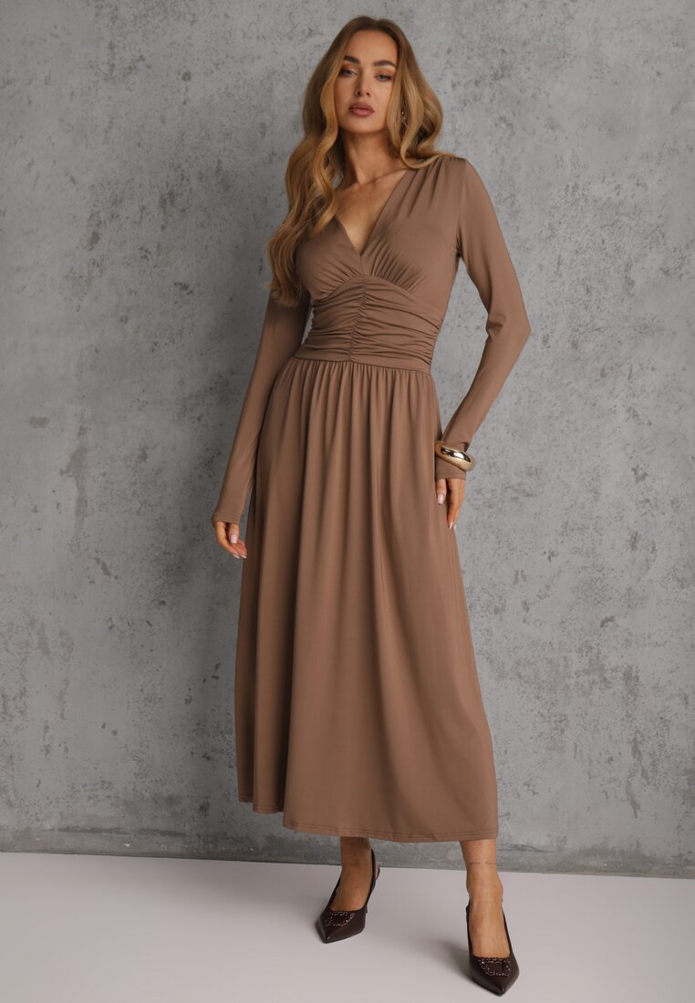 Rochie Maro Cambrată Cu Mâneci Lungi Din Viscoză Cu Drapaj și Decolteu în V Elirie