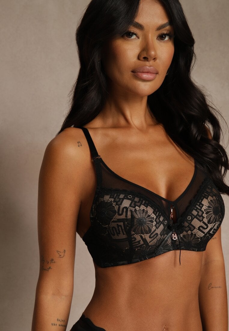 Sutien Negru-bej Decorat cu inserții transparente și Dantelă Brannor