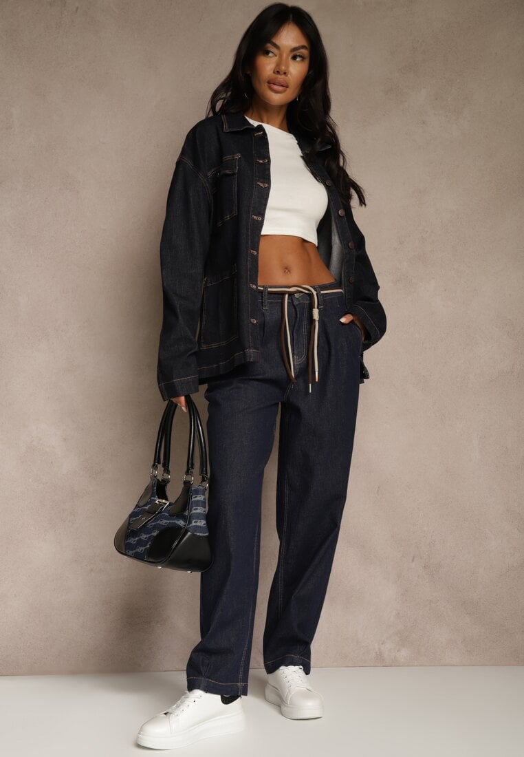 Jeans Albaștri Largi din Bumbac High Waist Decorați cu șnur Landa