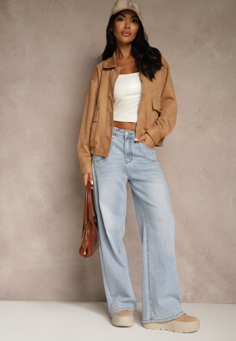 Blugi Albastre talie înaltă cu croială largă, cu cusături și imitație de buzunare Saliana