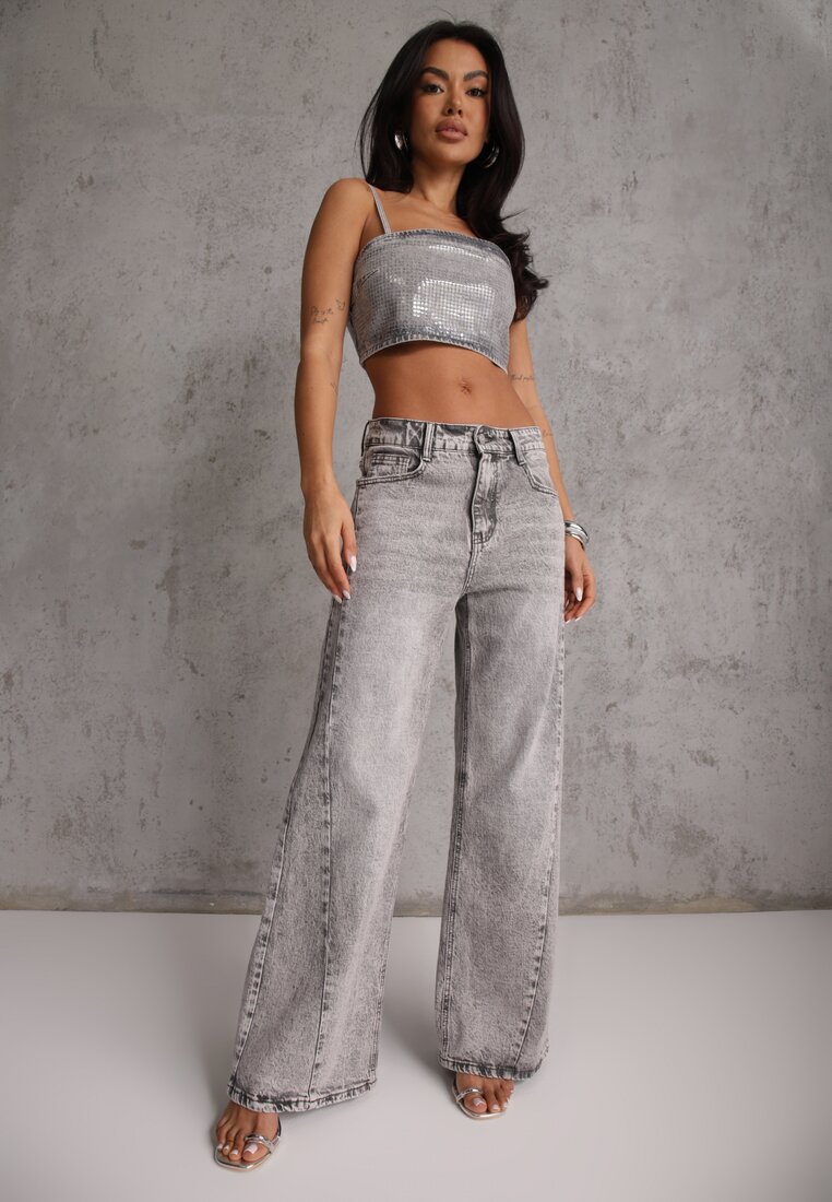 Blugi Gri Largi din Bumbac Talie Înaltă Decorați cu rupturi Orryna