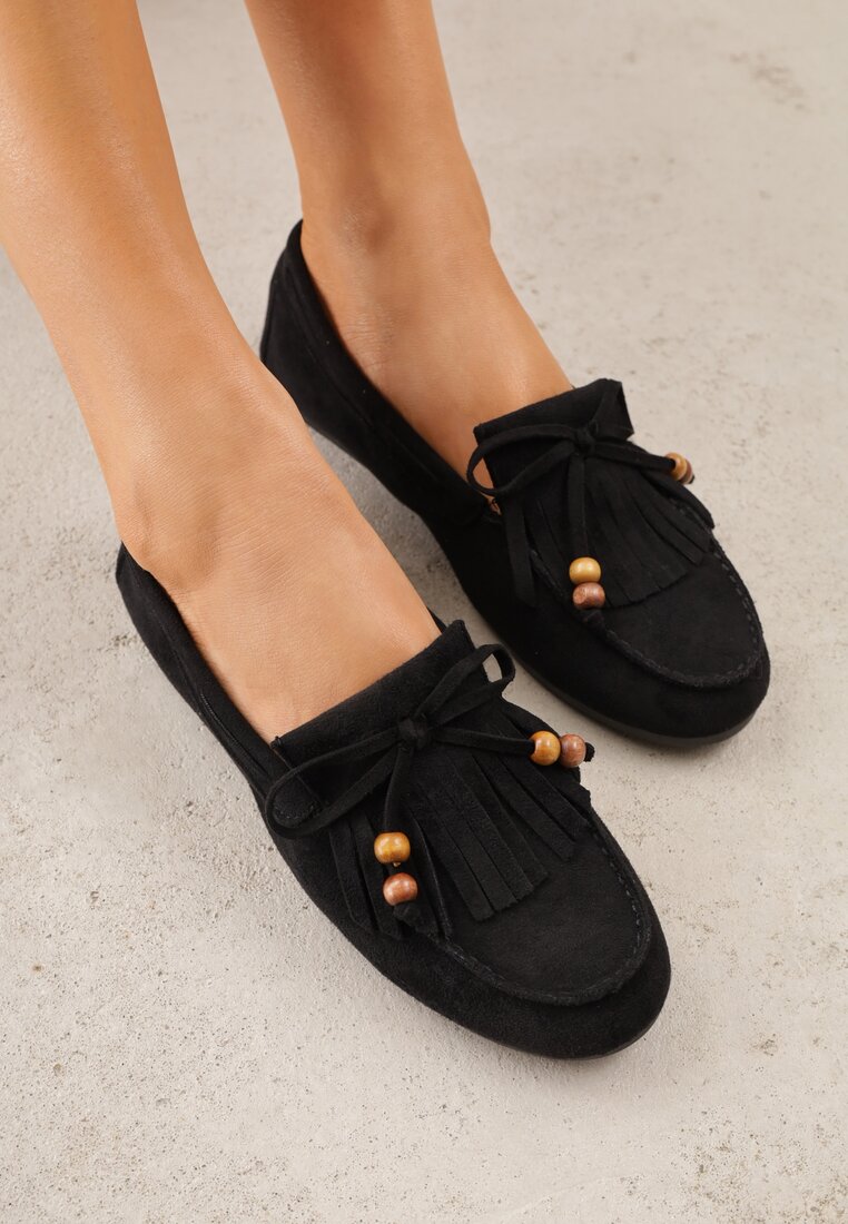 Mocasini Negri cu Mărgele, Fundă și Ciucuri Nahda