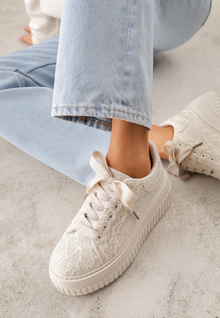 Sneakers Dantelate Bej cu platformă, cu ștanțare și sclipici Phisnell