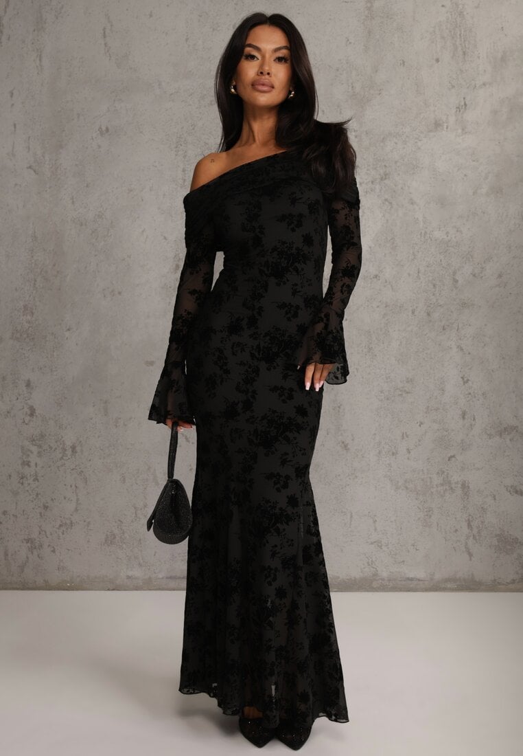 Rochie Neagră Elegantă VICES Off Shoulder cu Model Floral din Velur Adrakharei