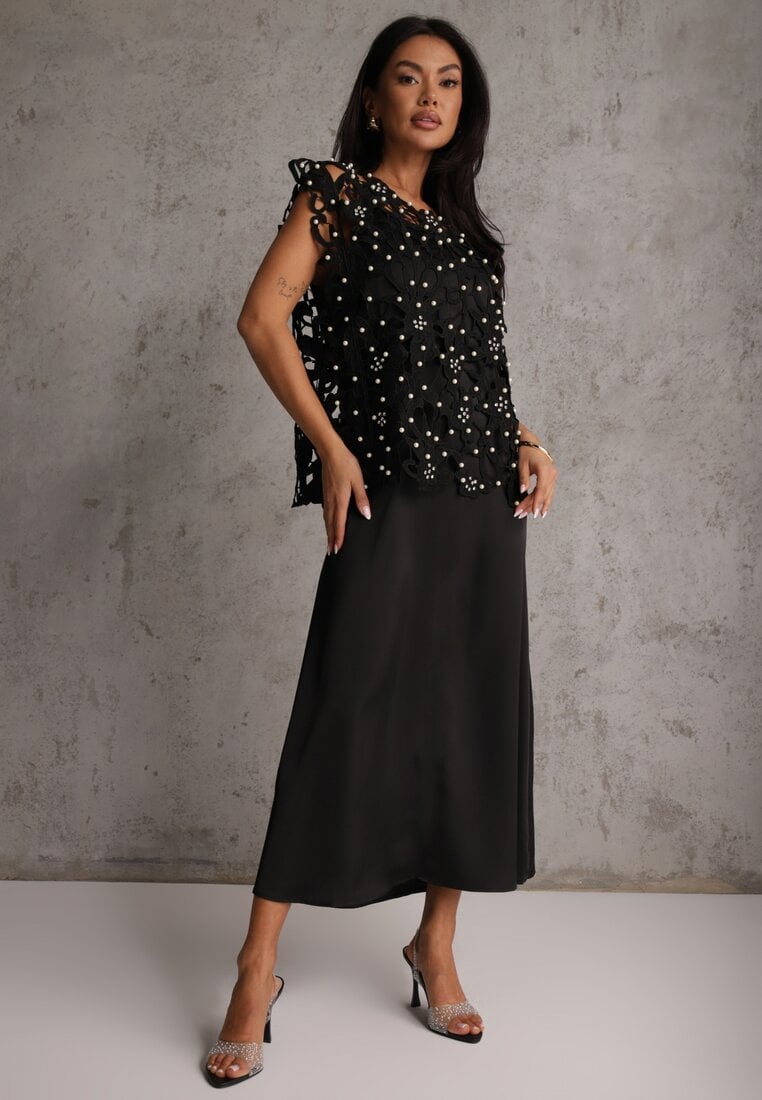 Rochie neagră din bumbac și vâscoză Slip Dress cu bolero decorativ Sagossia