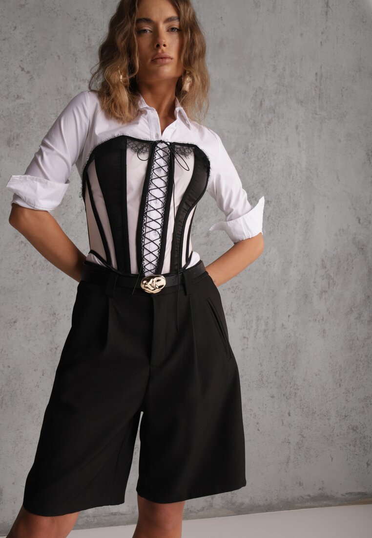 Pantaloni scurți Bermuda Negri Eleganți cu curea High Waist Rhodissa