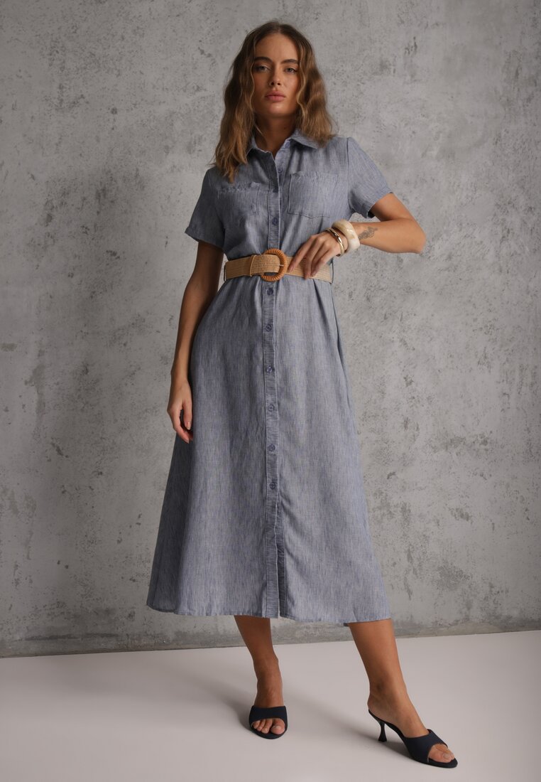 Rochie Albastră croială tip cămașă cu Mânecă Scurtă și Curea cu Cataramă Sylphusi