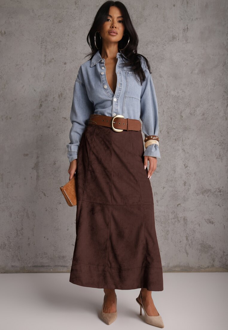 Fustă Maro Netedă din Imitație de Piele Întoarsă cu Croială Evazată Nettia