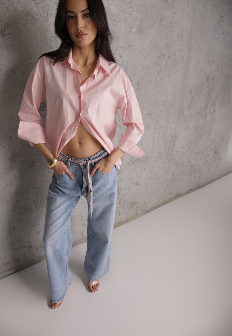 Blugi Albaștri Largi din Bumbac High Waist Decorați cu Șnur Legat Neviolla