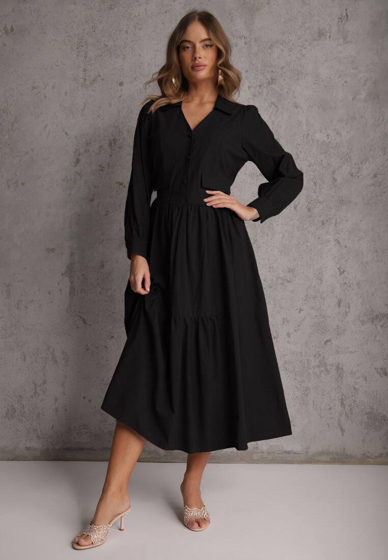 Rochie Cămașă Evazată Neagră din Bumbac și Viscoză Decorată cu Reveruri Gleta