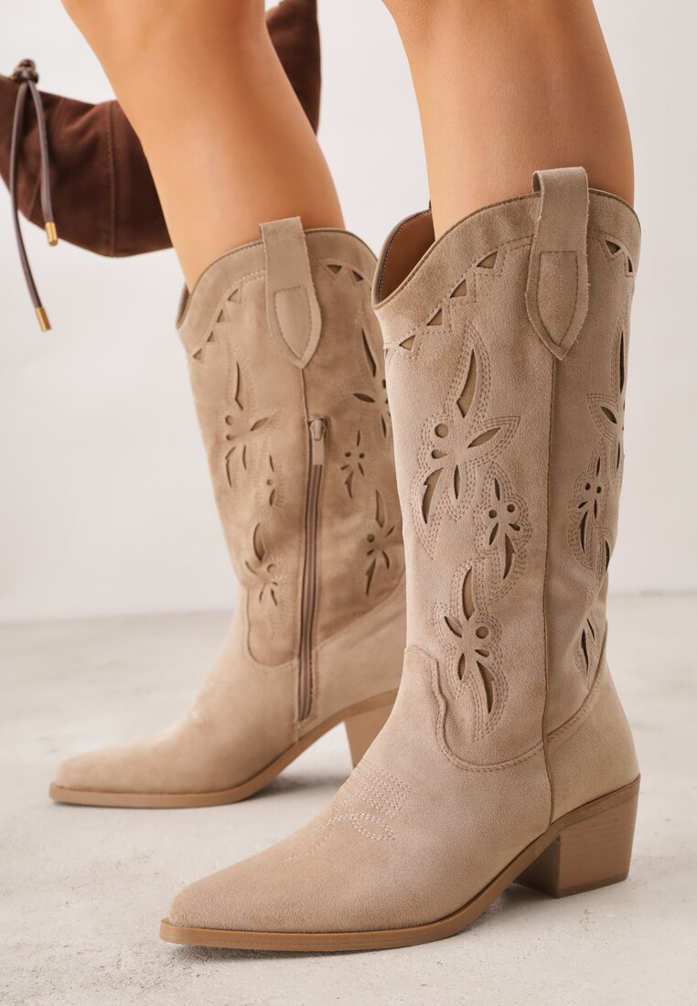 Botine ajurate bej închis stil cowboy pe toc conic din imitație de piele întoarsă Hephiane