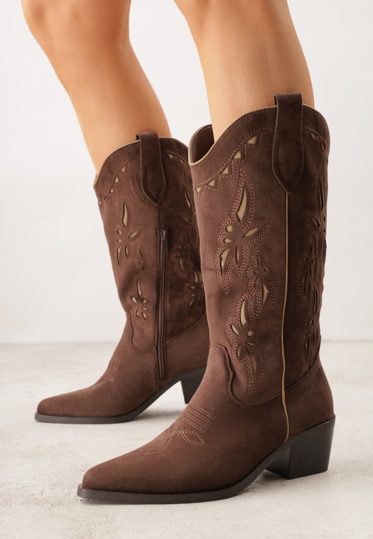 Botine Cowboy Maro Decupate cu toc conic din imitație de piele întoarsă Hephiane