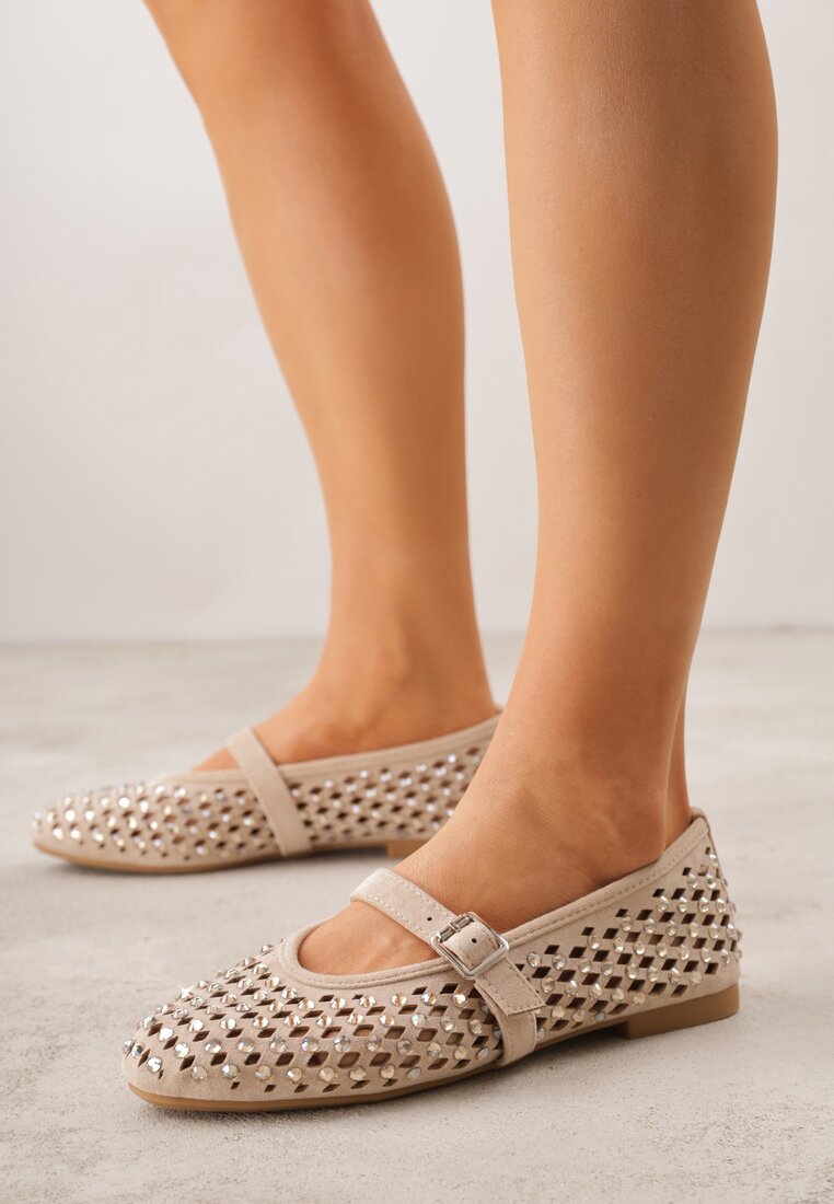 Balerini bej închis stil Mary Jane cu zirconii și cu carâmb ajurat Lyphenne