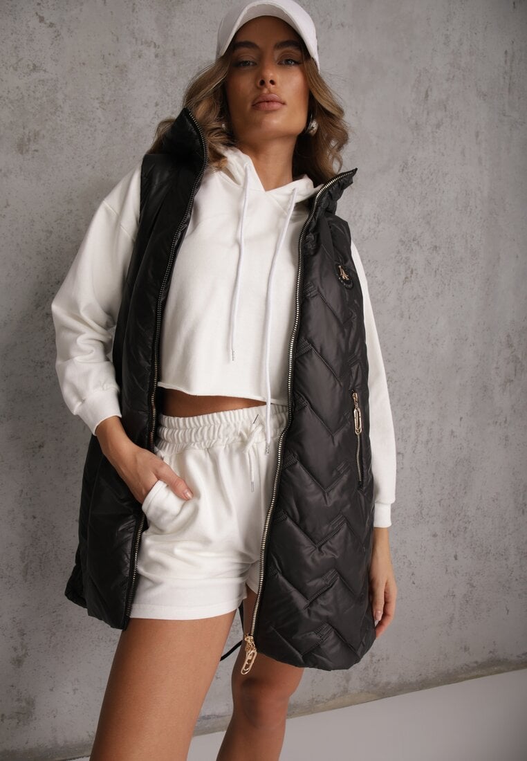 Vestă Neagră Lungă Matlasată cu Glugă Nedetașabilă Semaea