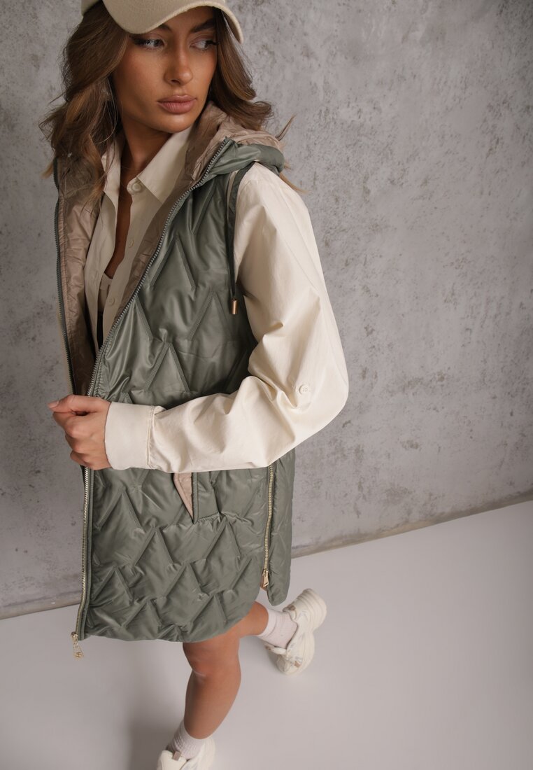 Vestă Lungă Matlasată Verde cu glugă fixă Semaea