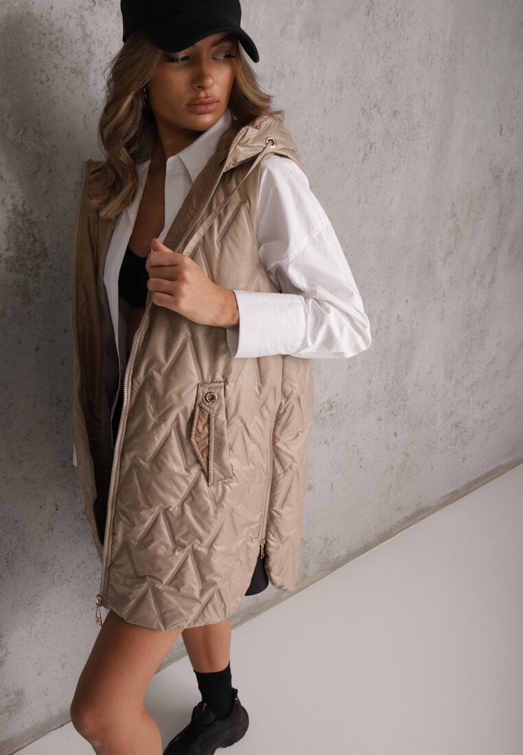 Vestă Lungă Maro Matlasată cu Glugă Fixă Semaea