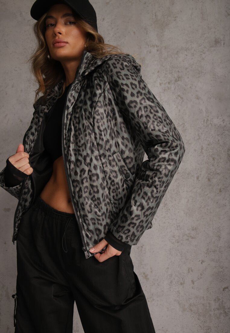 Jachetă Verde cu imprimeu leopard cu glugă detașabilă Anastaera