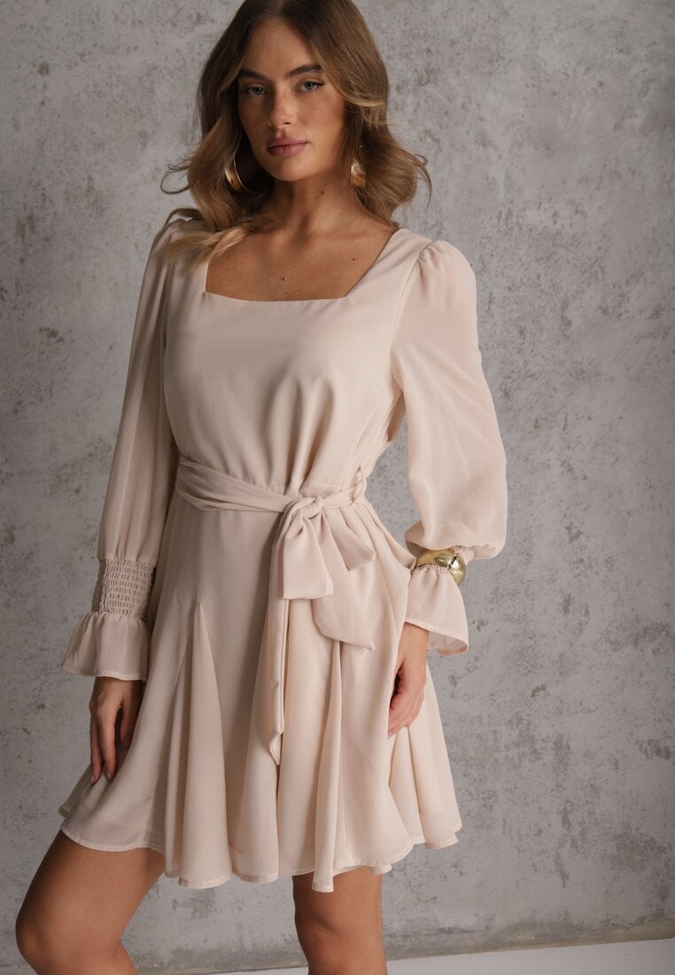 Rochie Bej VICES cu Mâneci Semitransparente Legături în Talie Resmosa