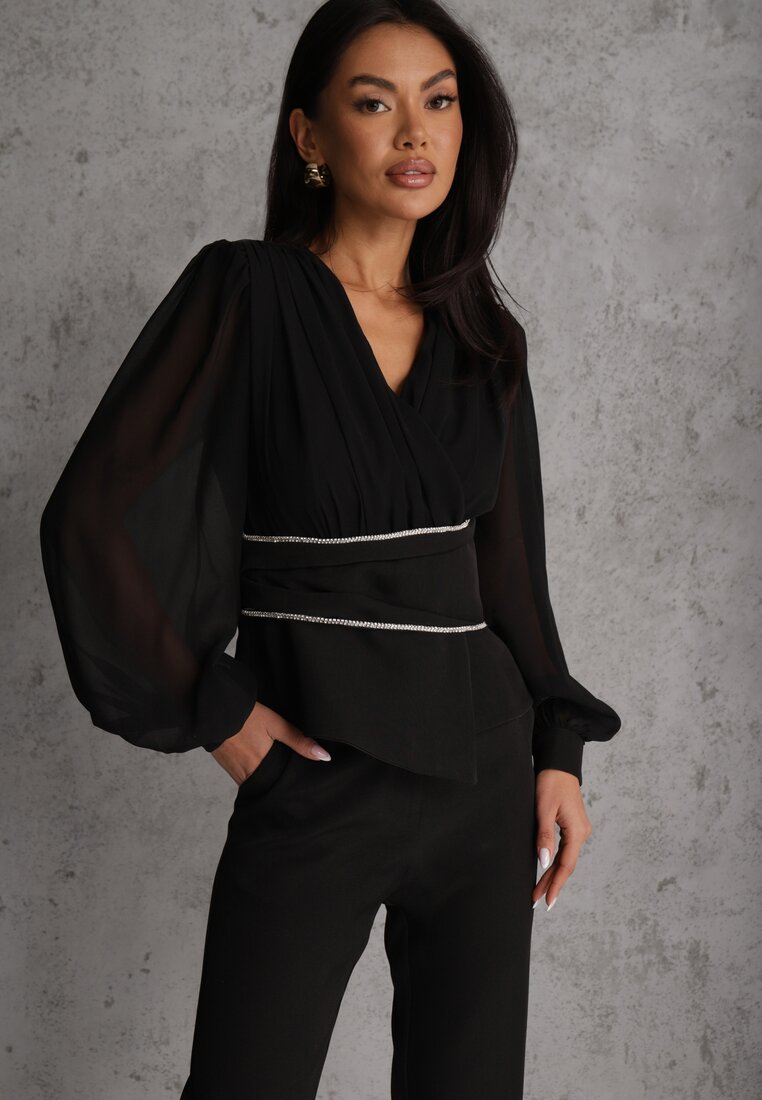 Bluză Neagră VICES în Stil Plic cu Mâneci Largi Transparente și Decolteu în V Inge