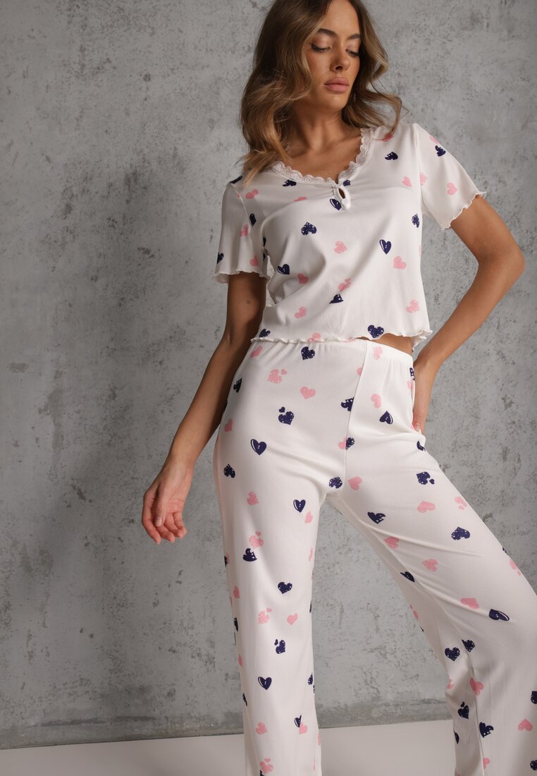 Set de pijamale elastic alb cu inimioare Pantaloni și Top Isle