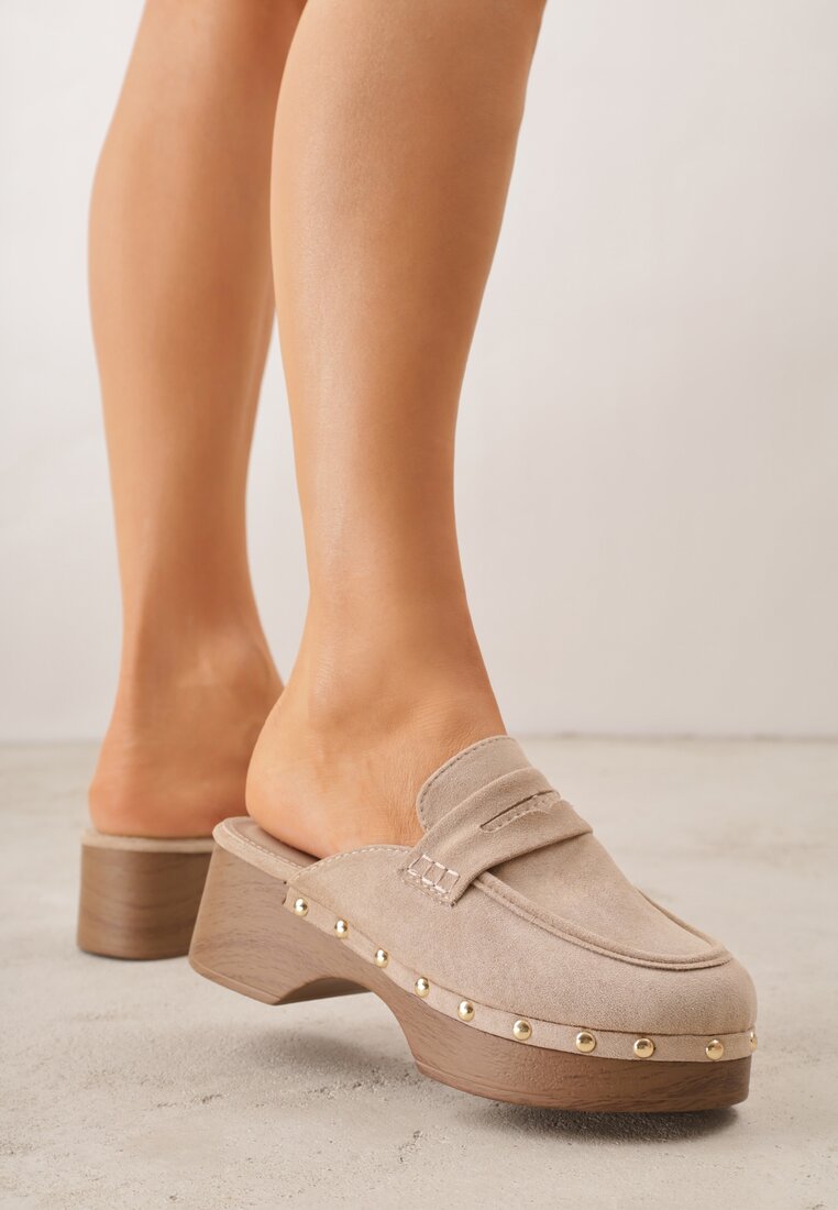 Papuci Bej Sabot stil Loafers cu Nituri Decorative Sargita