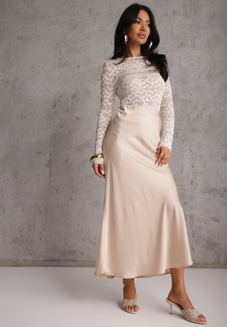 Fustă bej de cocktail din satin cu croi evazat Zinnivira