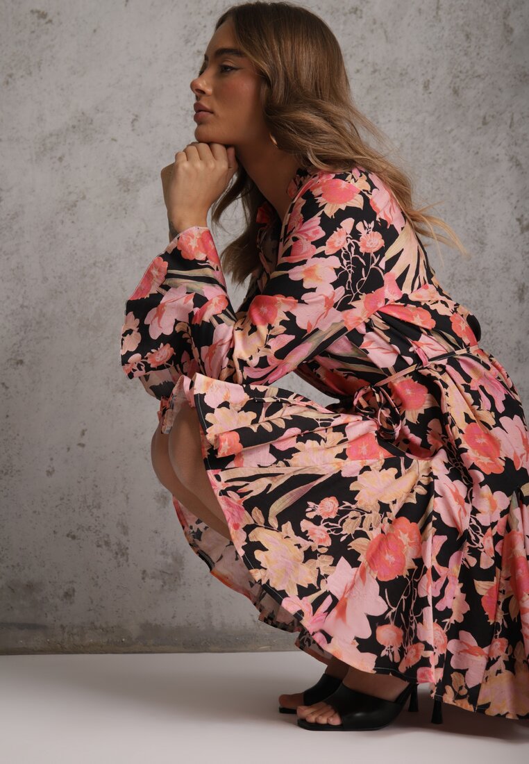 Rochie Neagră din Viscoză cu Imprimeu Floral Decorată cu O Curea Asintena