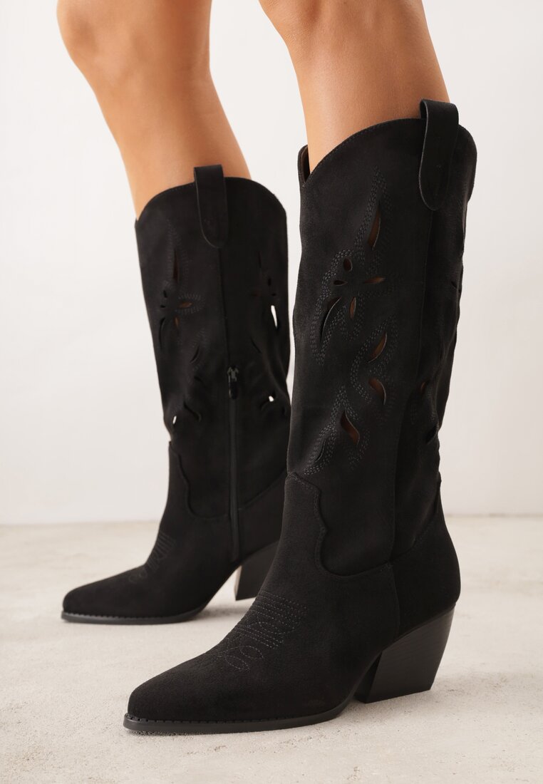 Cizme Negre Perforate Cowboy cu toc tip Con Tidrina