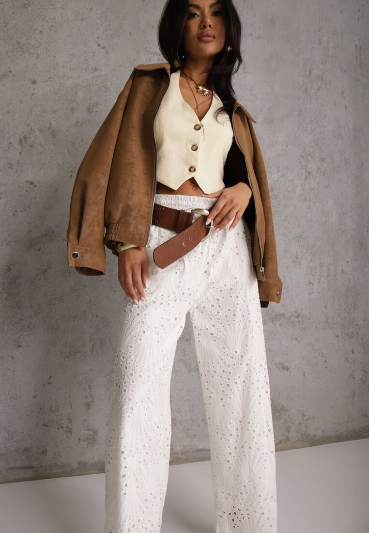 Pantaloni ajurați albi Wide Leg din bumbac în stil rustic cu broderie Elladith