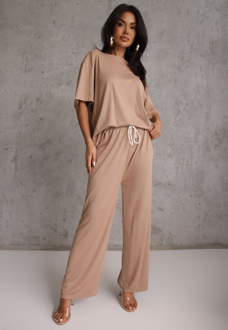 Compleu Oversize Bej Decorat cu Strassuri Tricou și Pantaloni Arnateia