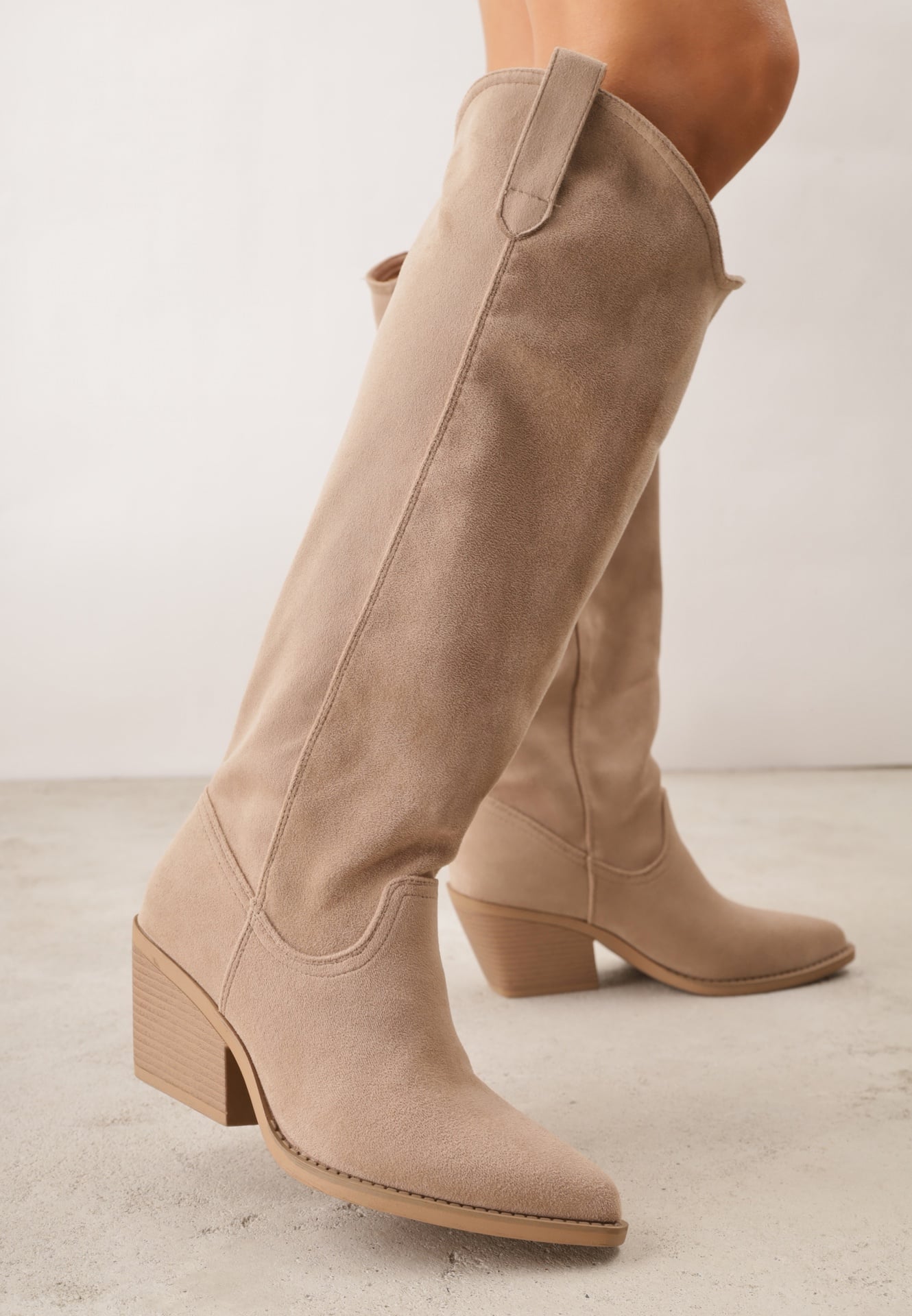 Cizme Cowboy Bej închis cu toc conic cu carâmb neted din imitație de piele întoarsă Halille