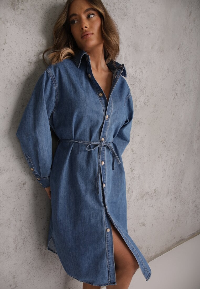 Rochie cămașă Albastră Denim Oversize cu bumbac și curea Cianatra