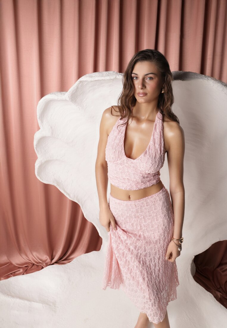 Set Roz din Dantelă Fustă și Top cu Legătură la Gât Dainetia