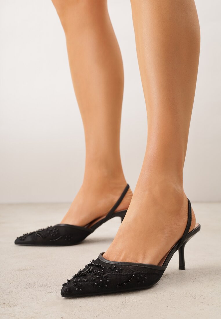 Pantofi Negri Plasati cu toc stiletto, cu broderii și perle Branira