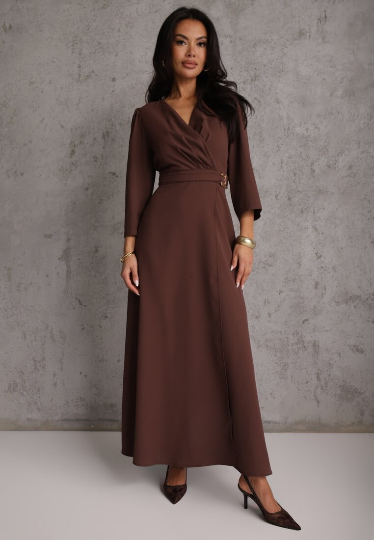 Rochie Elegantă Maro cu Croială Petrecută Decorată cu Aplicație în Talie Zilendra