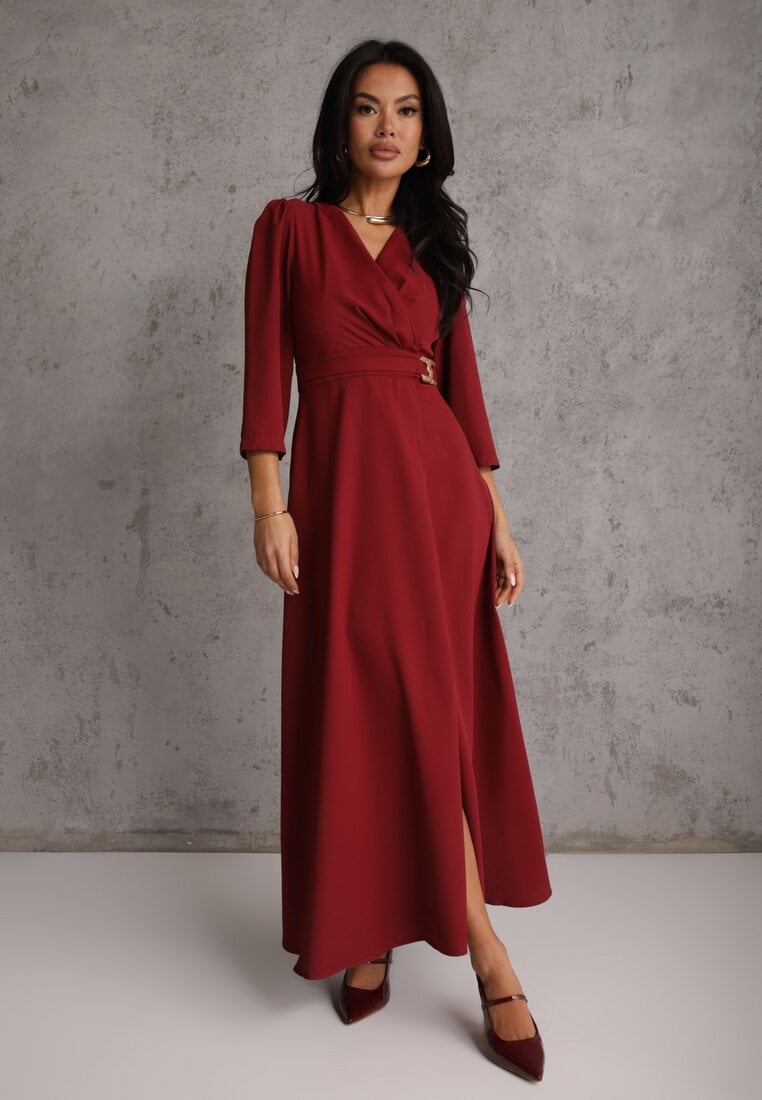 Rochie Elegantă Bordo cu croială petrecută Decorată cu aplicație în talie Zilendra