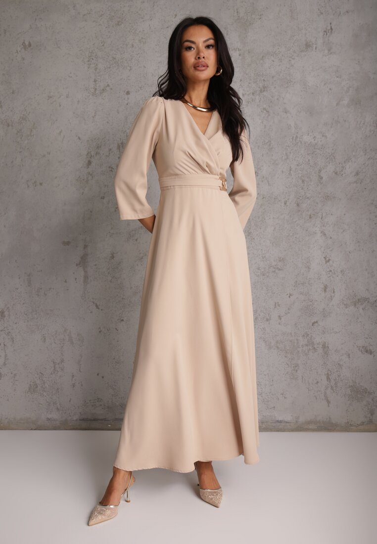 Rochie Elegantă Bej cu croială petrecută Decorată cu aplicație în talie Zilendra