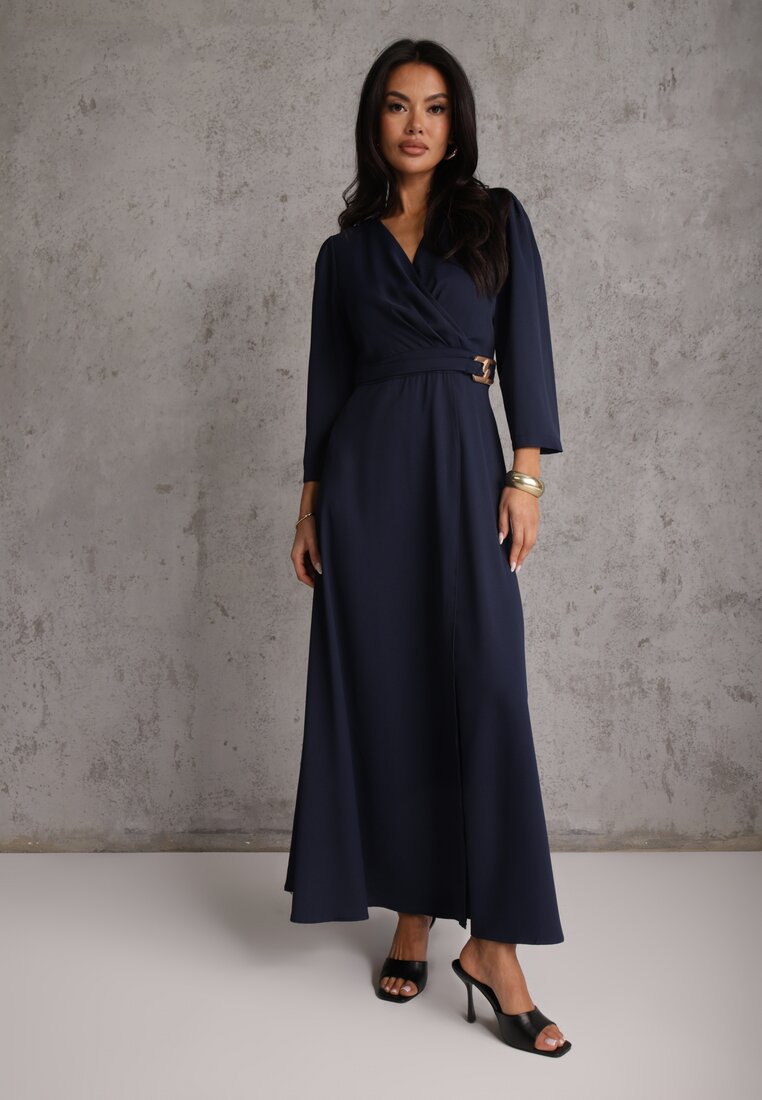 Rochie Bleumarin Elegantă cu croială petrecută, decorată cu aplicație în talie Zilendra