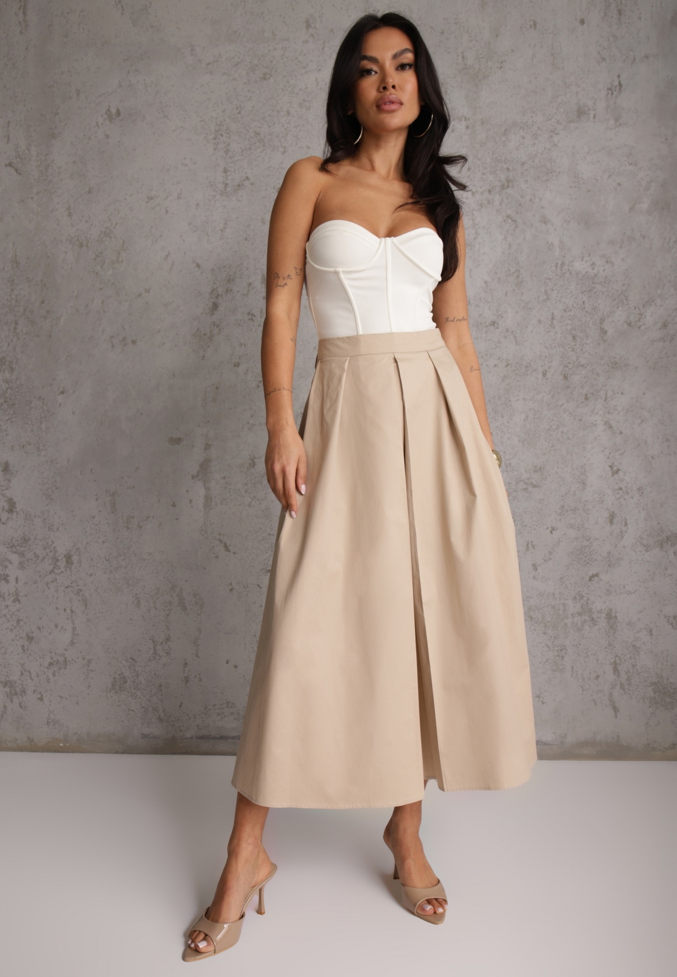 Fustă Bej Bumbac cu croială evazată cu pliuri Nerimara