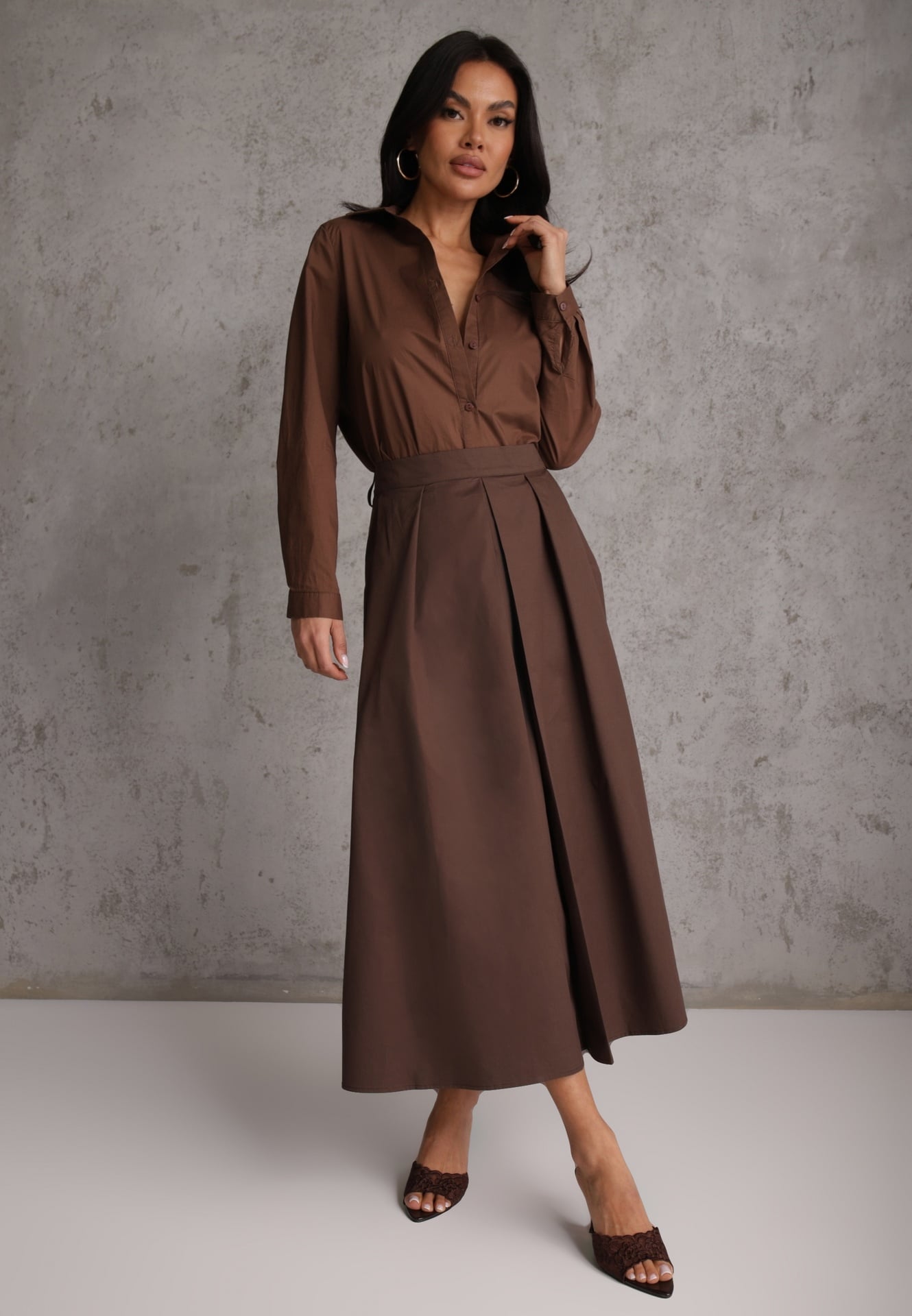 Fustă Maro din bumbac cu croi evazat cu pliuri Nerimara