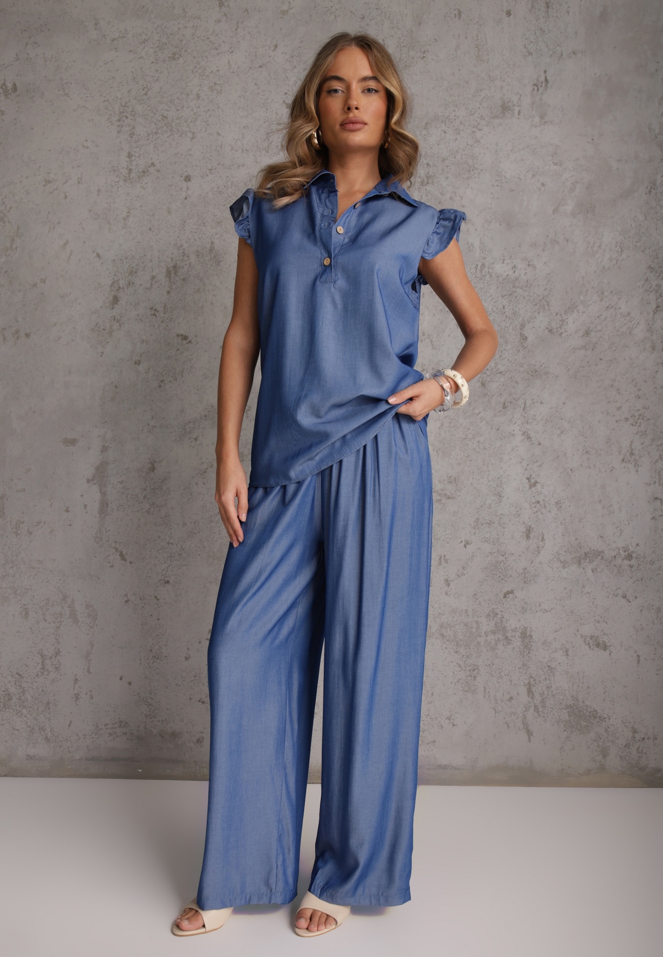 Compleu Albastru din Vâscoză Bluză cu Guler și Pantaloni Wide Leg Naunne