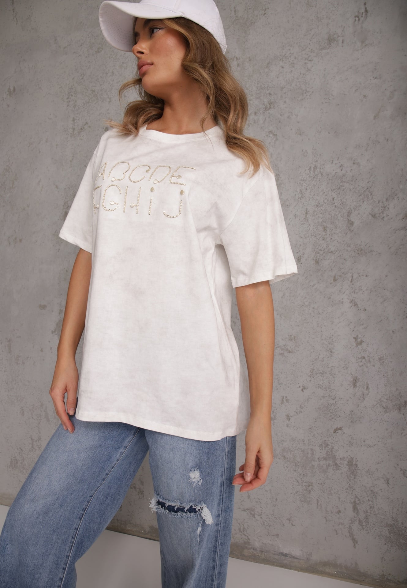 Tricou Alb din bumbac Oversize cu Text Brodat cu Paiete Talomora