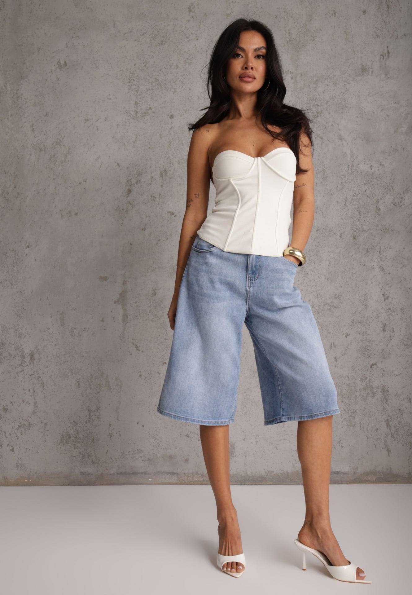 Pantaloni scurți de blugi albastre din bumbac tip Jorts cu croială largă Savatai