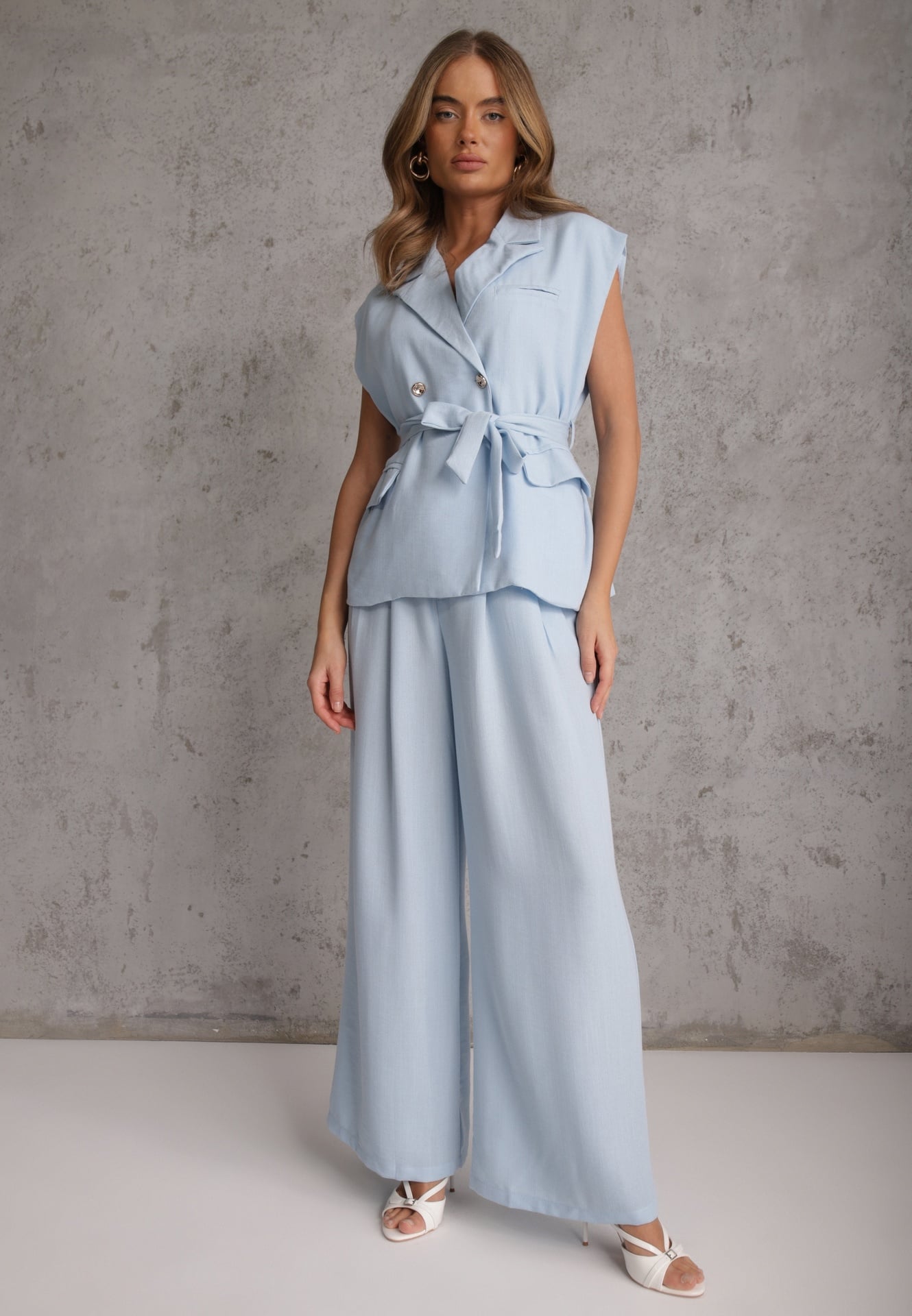 Set costum albastru din viscoză Pantaloni Wide Leg și Vestă cu curea Elyenryl