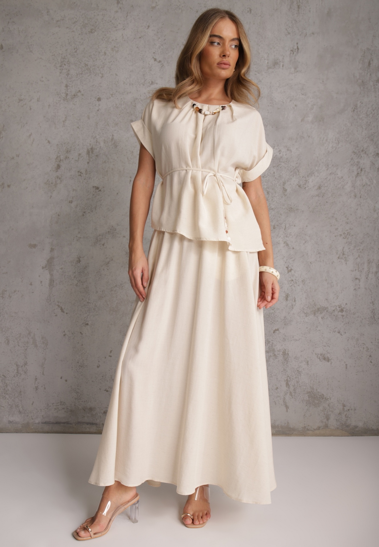 Compleu Rustic Bej din In și Viscoză Fustă și Bluză tip liliac Lilinney