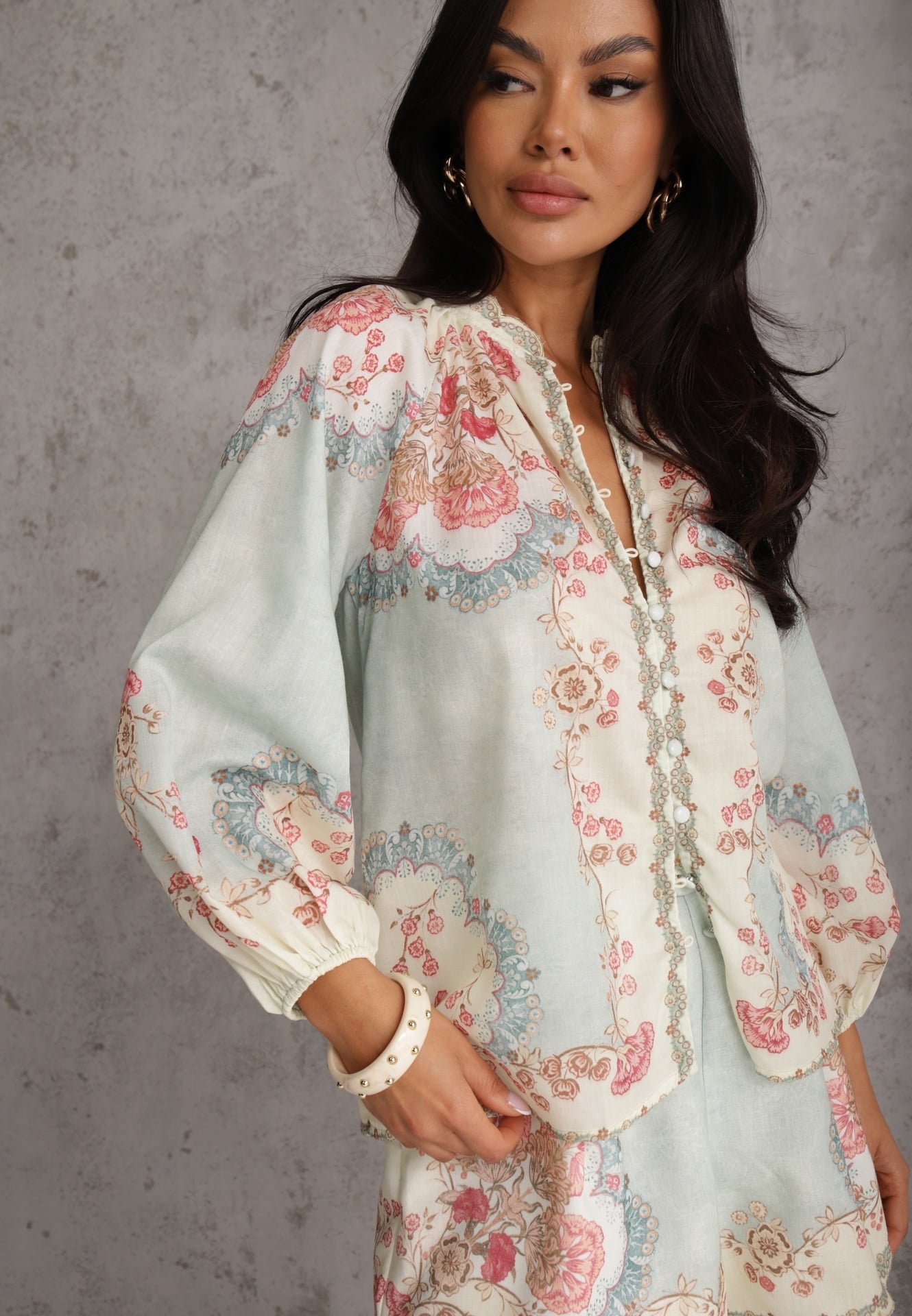 Cămașă Verde cu guler tunica cu imprimeu floral Dorirecea