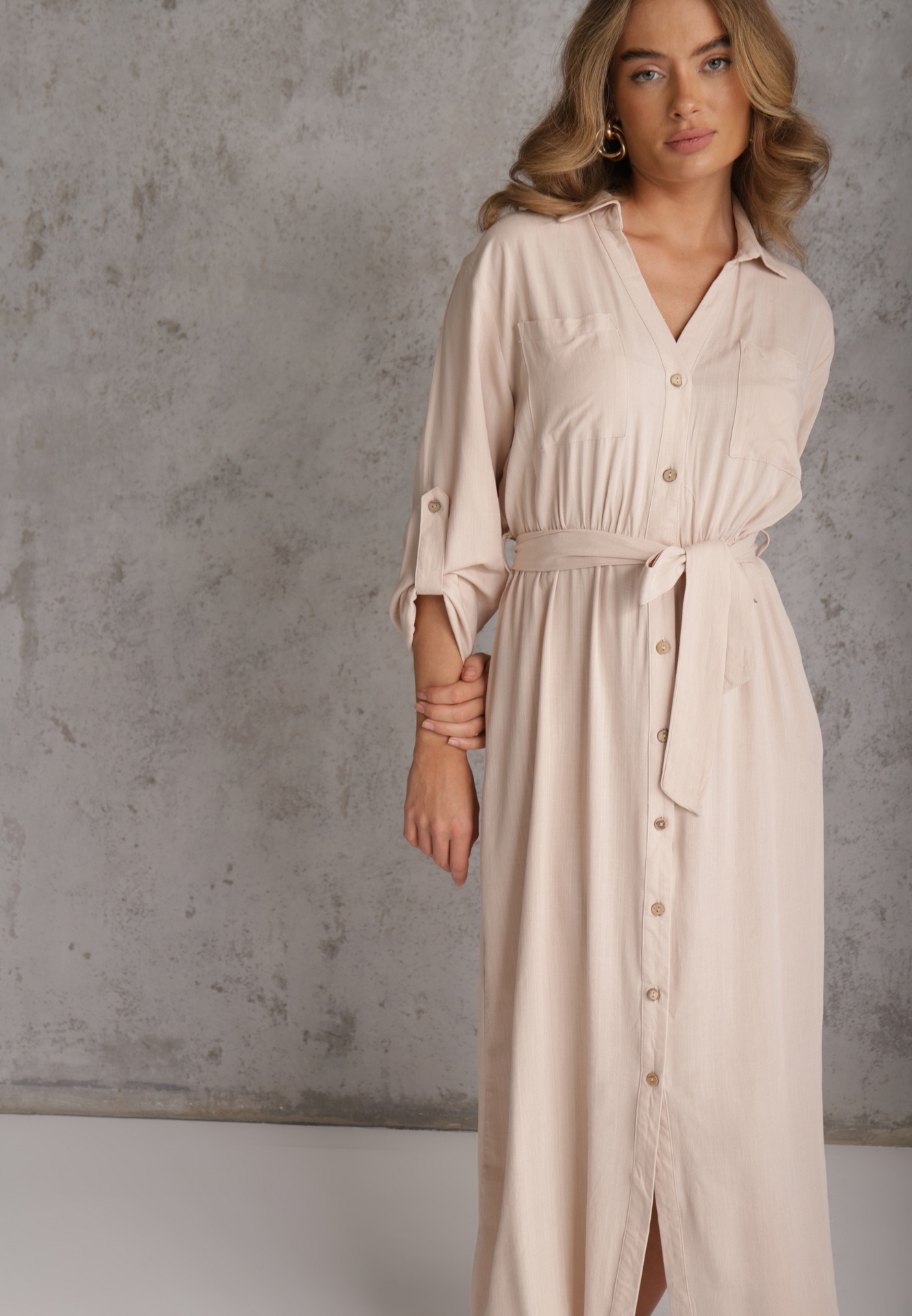 Rochie tip cămașă Bej deschis Utility din Bumbac cu Curea Legată în Talie Retona