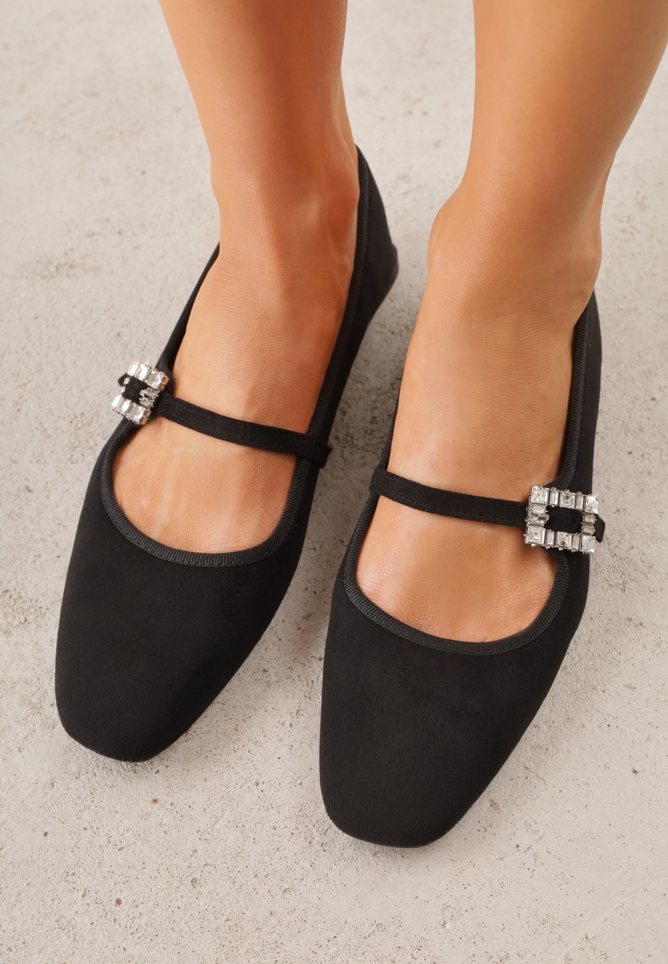 Balerini Negri din Imitație de Velur Model Mary Jane cu Cataramă cu Zirconiu Ireltise