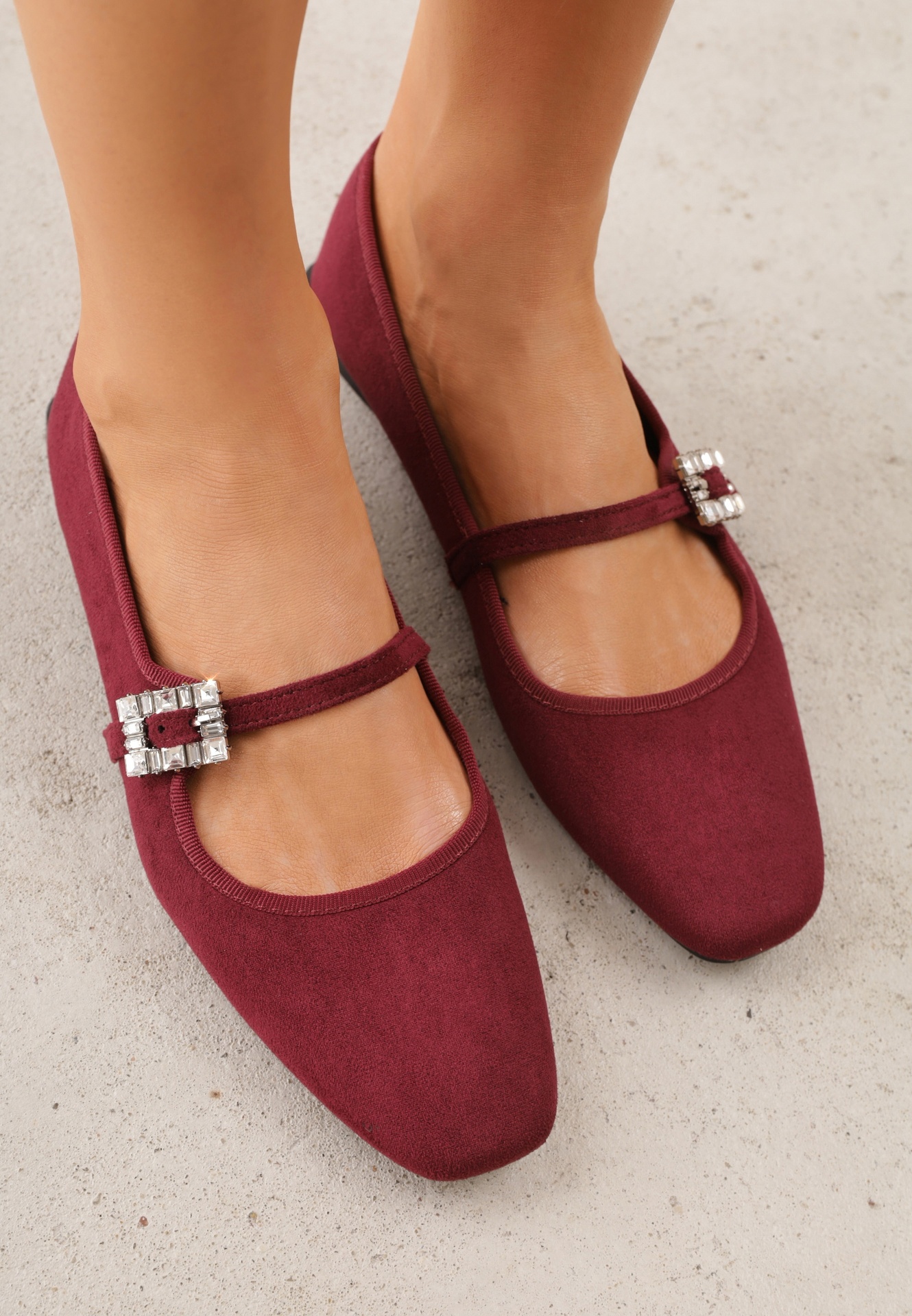 Balerini Bordeaux din imitație de piele întoarsă stil Mary Jane cu cataramă cu zirconiu Ireltise