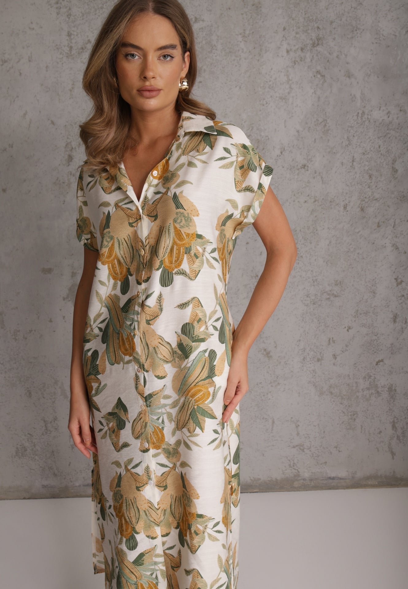 Rochie cu flori din vâscoză, croi drept Aedonia Verde